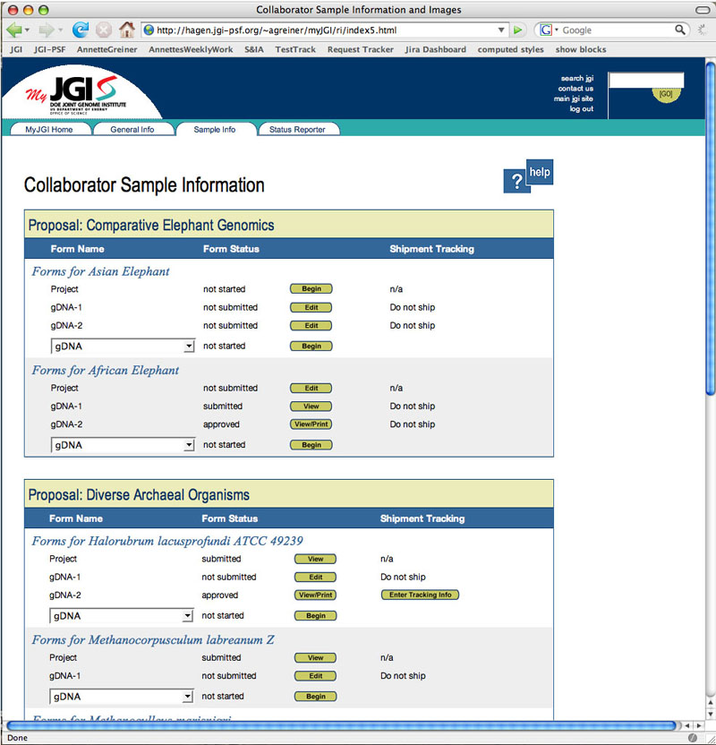 start page showing organisms the user may want to submit samples for